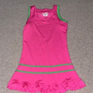 Girls' Pink Ruffle Hem Swim Dress with Green Trim